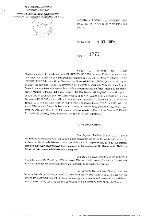 R EX N° 1772-2014 estudio línea base de fauna íctica. Río maule VII Región.