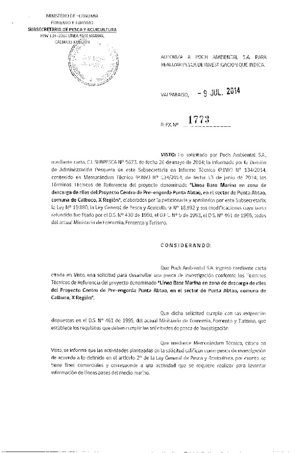 R EX N° 1773-2014 Línea base marina Punta Abtao comuna de Calbuco, X Región.