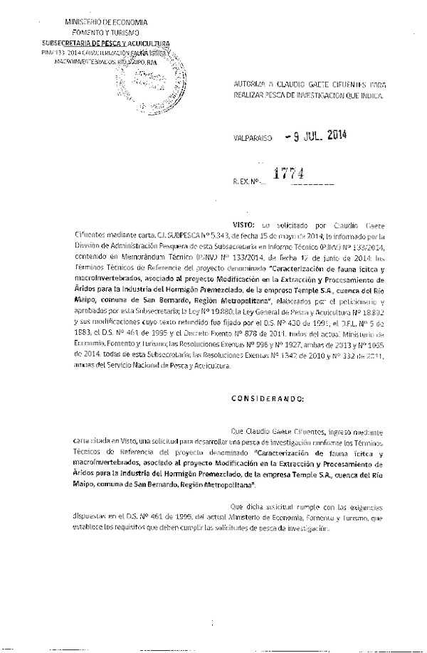 R EX N° 1774-2014 Caracterización de fauna íctica y macroinvertebrados Río Maipo, comuna de San Bernardo, Región Metropolitana.