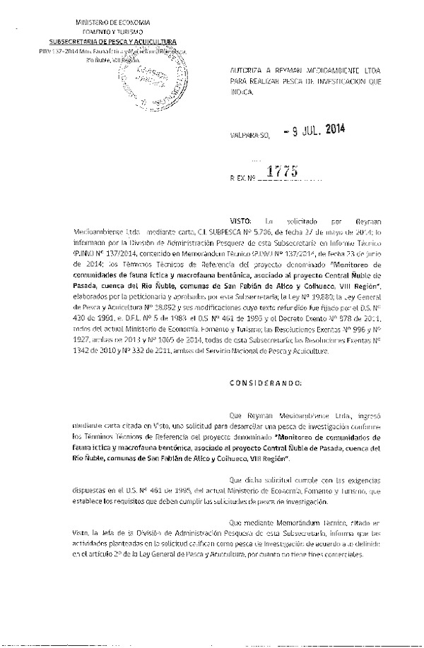 R EX N° 1775-2014 Monitoreo de comunidades de fauna íctica y macrofauna, VIII región.