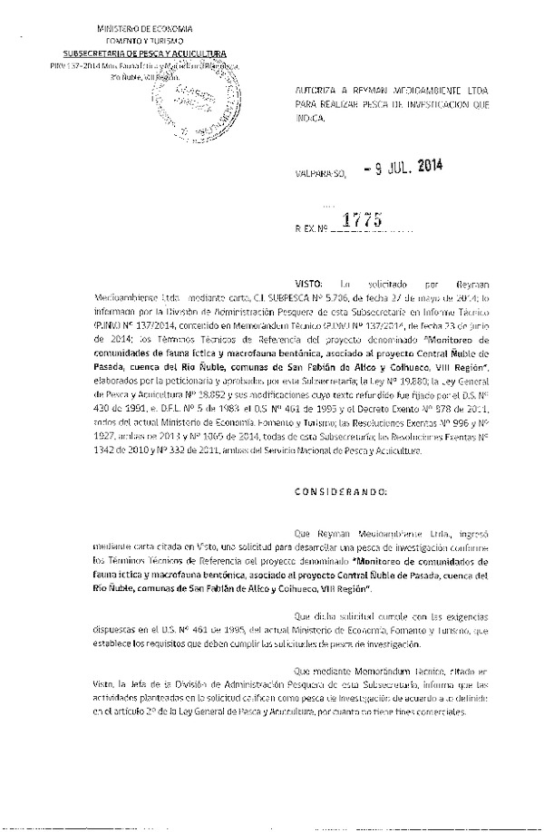 R EX N° 1775-2014 Monitoreo de comunidades de fauna íctica y macrofauna, VIII región.