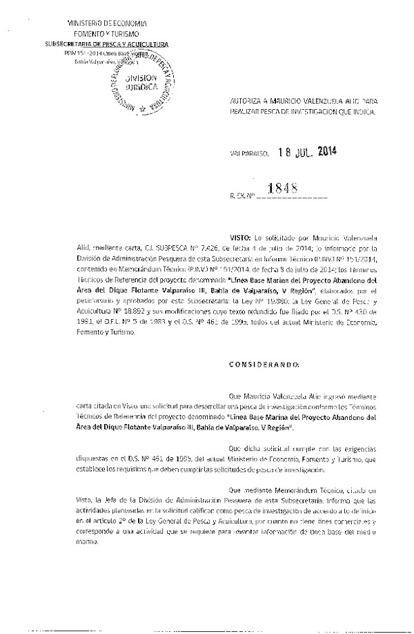 R EX N° 1848-2014 Línea base marina Dique Flotante Valparaíso III, V Región.