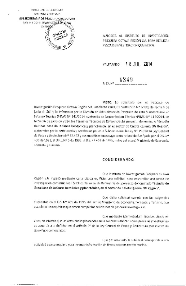 R EX N° 1849-2014 Estudio de línra base de la fauna bentónica y planctónica, Caleta Quinae, XV Región.