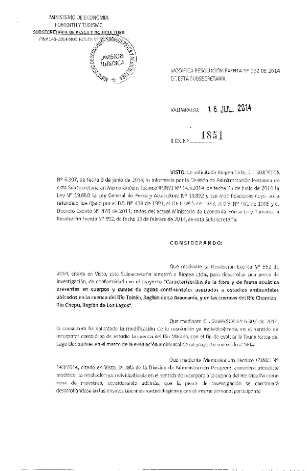 R EX N° 1851-2014 Caracterización de la flora y de fauna acuática en cuerpos y cursos de aguas asociados a estudios ambnientales. X Región.