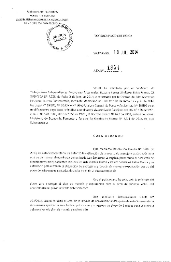 R EX N° 1854-2014 PRORROGA PLAN DE MANEJO.