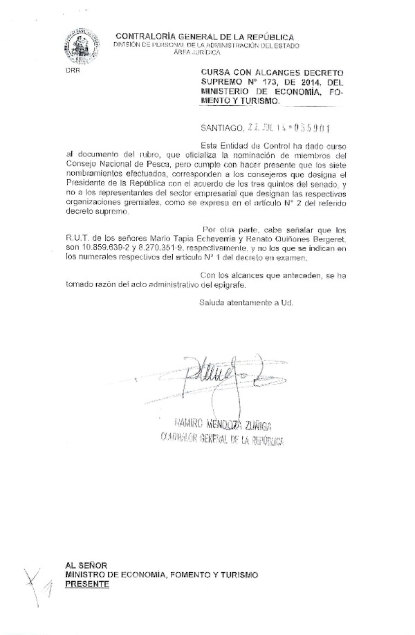 D.S. N° 173-2014 Oficializa Nominación de Miembros del Consejo Nacional de Pesca que Indica. (F.D.O. 24-07-2014)