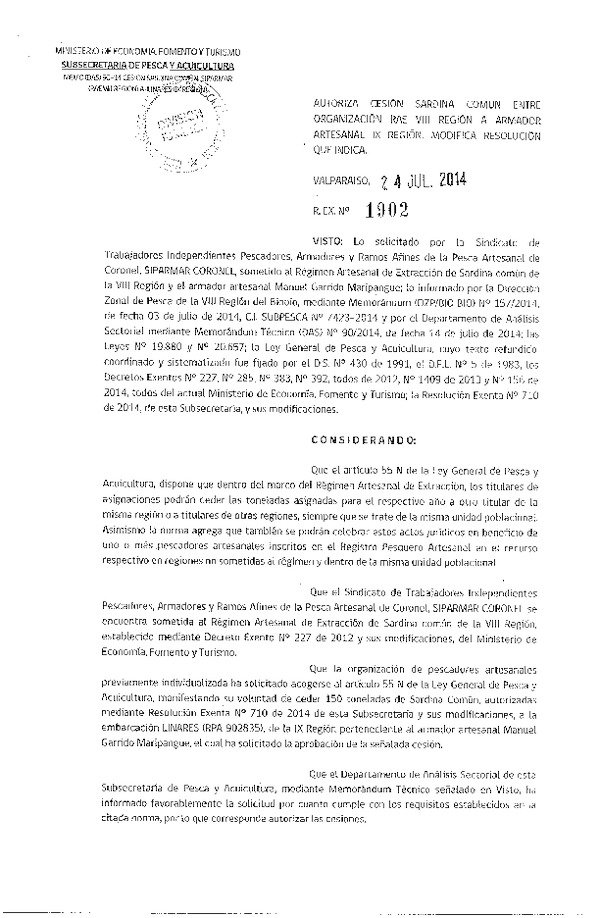 R EX N° 1902-2014 Autoriza Cesión Sardina común, VIII a IX Región.