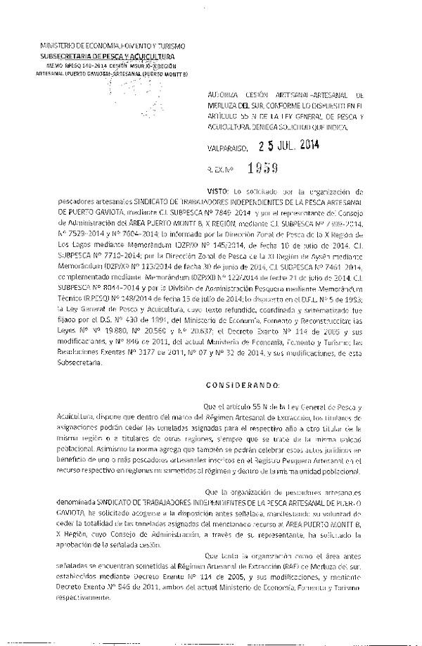 R EX N° 1959-2014 Autoriza Cesión Merluza del sur, XI a X Región.