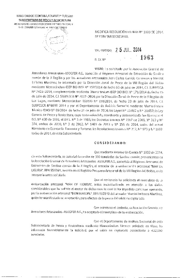 R EX N° 1963-2014 Modifica R EX N° 1003-2014 Autoriza Cesión Sardina común, X a VIII Región.