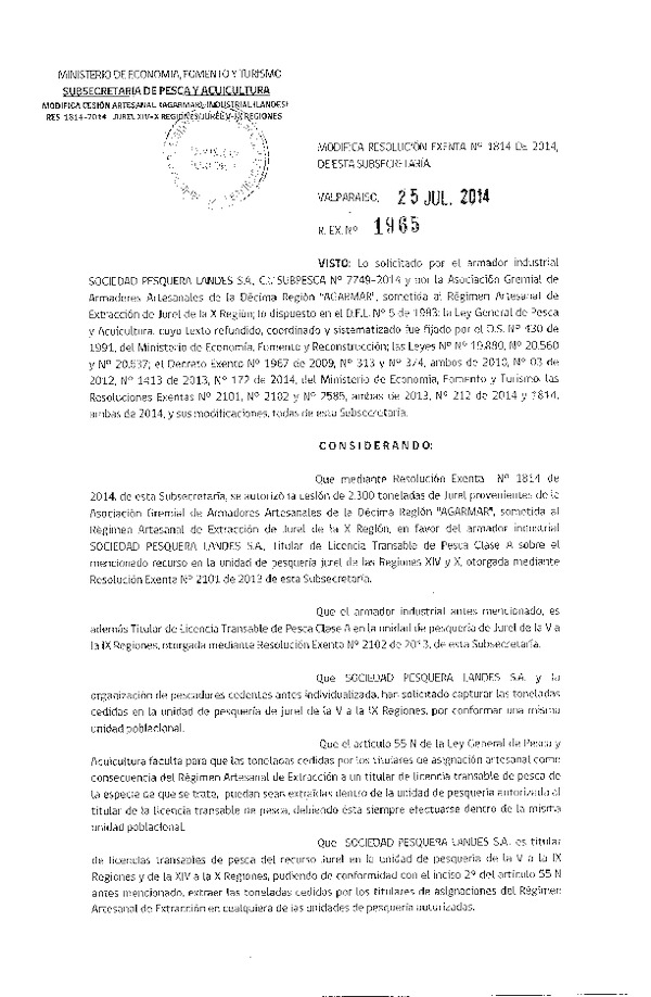 R EX N° 1965-2014 Modifica R EX N° 1814-2014 Autoriza Cesión Recurso jurel, XIV a X Región.
