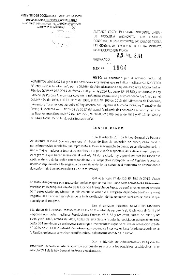 R EX Nº 1964-2014 Autoriza Cesión Recurso Anchoveta, III-IV Región.