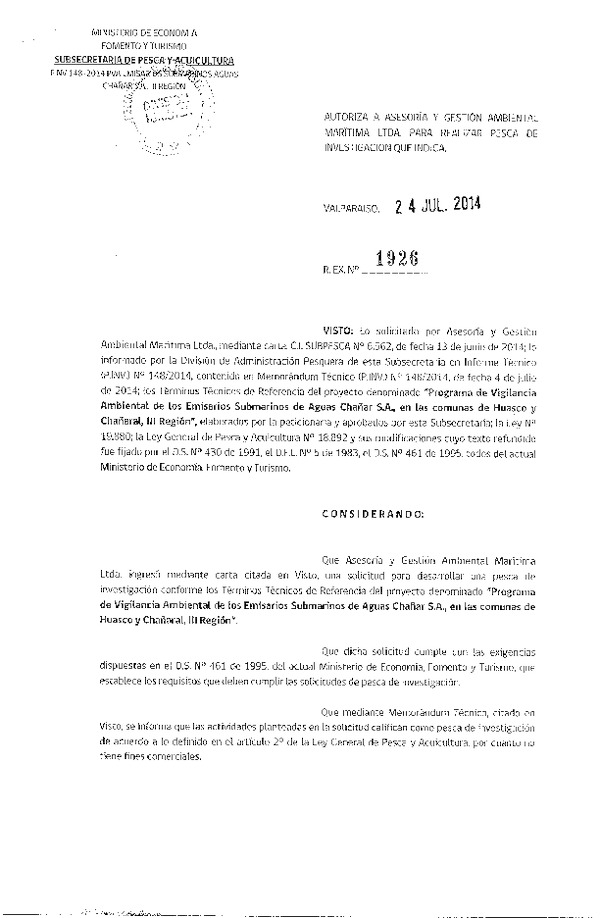 R EX N° 1926-2014 Programa de vigilancia ambiental de los emisarios submarinos de Aguas Chañar S.A. Huasco y Chañaral, III Región.