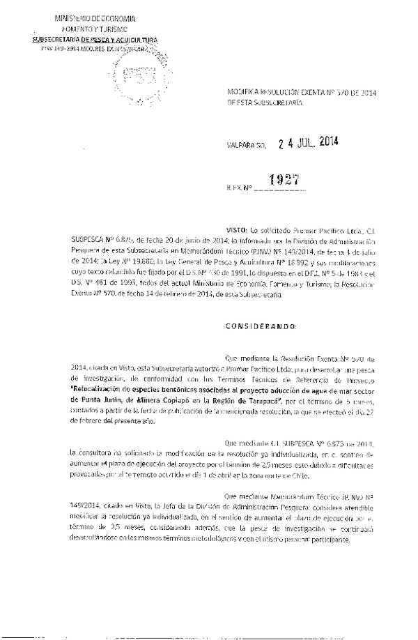 R EX N° 1927-2014 Modifica R EX N° 570-2014 Relocalización de especies bentónicas.