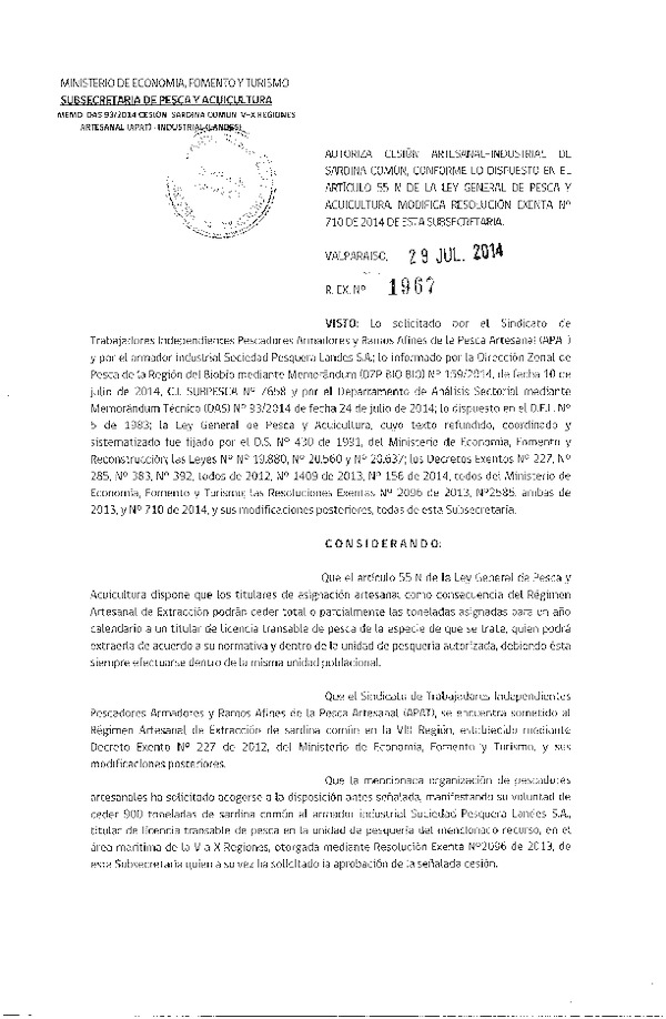 R EX N° 1967-2014 Autoriza Cesión sardina común V-X Región.