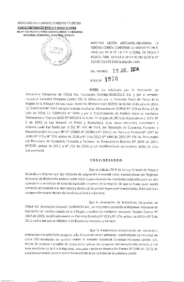 R EX N° 1970-2014 Autoriza Cesión sardina común V-X Región.