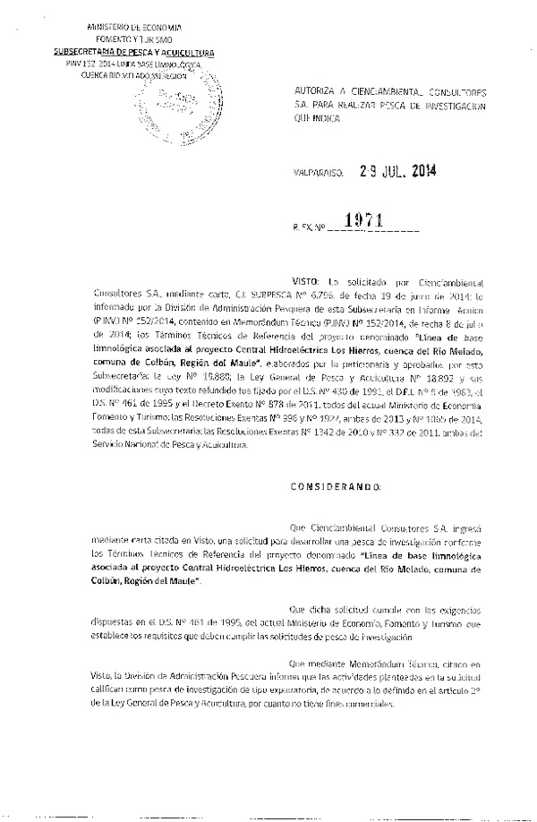 R EX N° 1971-2014 Línea base limnológico proyecto Central Hidroeléctrica Los Hierros, cuenca del Río Melado, comuna de Cpbún, Región del Maule.