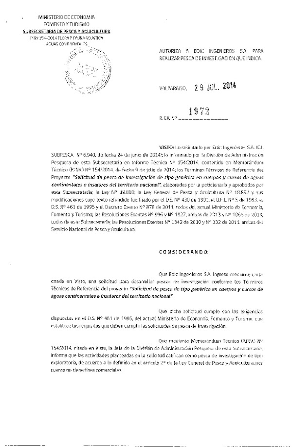 R EX N° 1972-2014 Solicitud de pesca de tipo genérica en cuerpos y cursos de aguas continentales e insulares del territorio nacional.