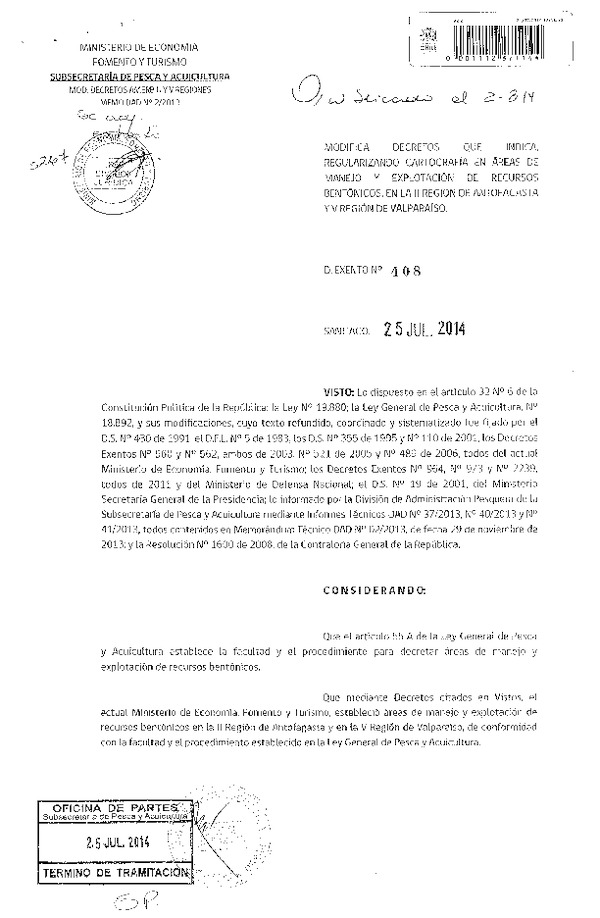 D EX N° 408-2014 Modifica D.S. N° 110-2001 y D EX N° 560 y N° 562, Ambos de 2003. Regularizando Cartogrfía en Áreas de manejo. II y V Región. (F.D.O. 02-08-2014)