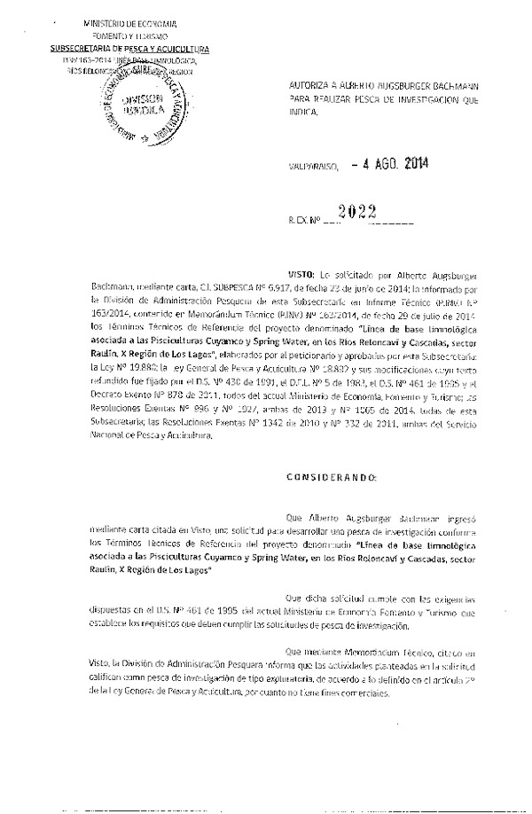 R EX N° 2022-2014 Línea base limnológica asociada a las Pisciculturas Cuyanco Water, en los Ríos Reloncaví y Cascadas, sector Raulín, X Región de Los Lagos.