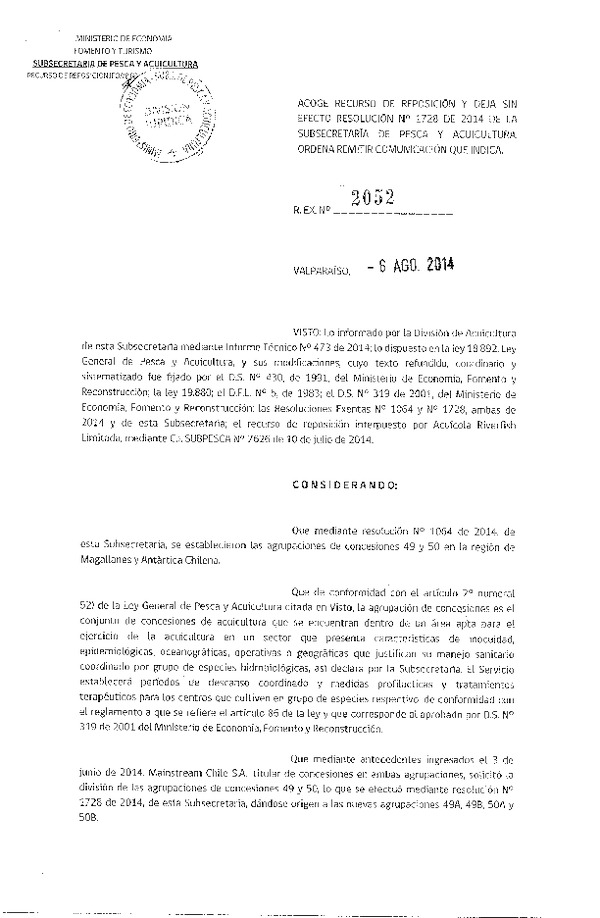 R EX N° 2052-2014 Acoge recurso de Reposición y Deja sin efecto R EX N° 1728-2014, referente a Establecimiento de Agrupaciones de Concesiones. (Publicada en Pág. Web 06-08-2014)