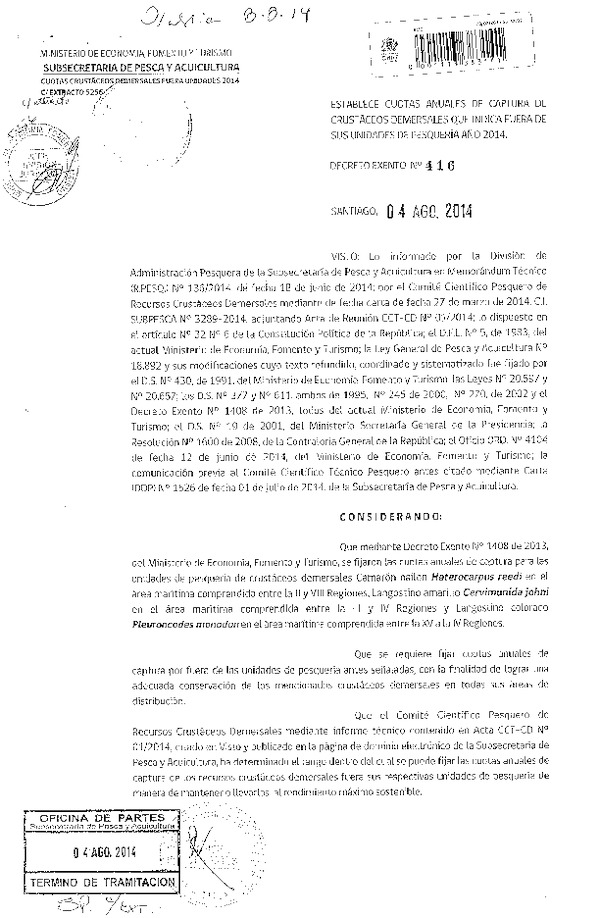 D EX N° 416-2014 Establece cuota de captura de Crustáceos Demersales que Indica, fuera de sus Unidades de Pesquerías, año 2014. (F.D.O. 08-08-2014)