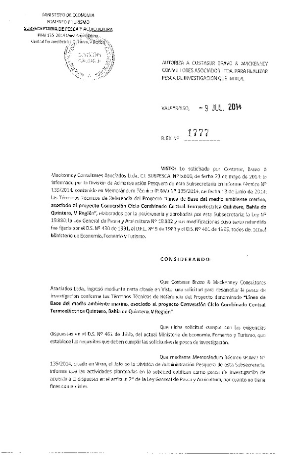 R EX N° 1777-2014 Linea base del medio ambiente marino, asociado al proyecto Conversión Ciclo Combinado Central Termoeléctrica Quintero, Bahía Quintero, V Región.