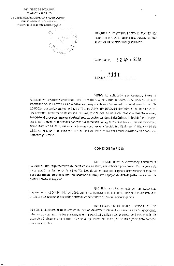 R EX N° 2111-2014 línea de base del medio ambiente marino asociado al proyecto Espejos de Antofagasta.