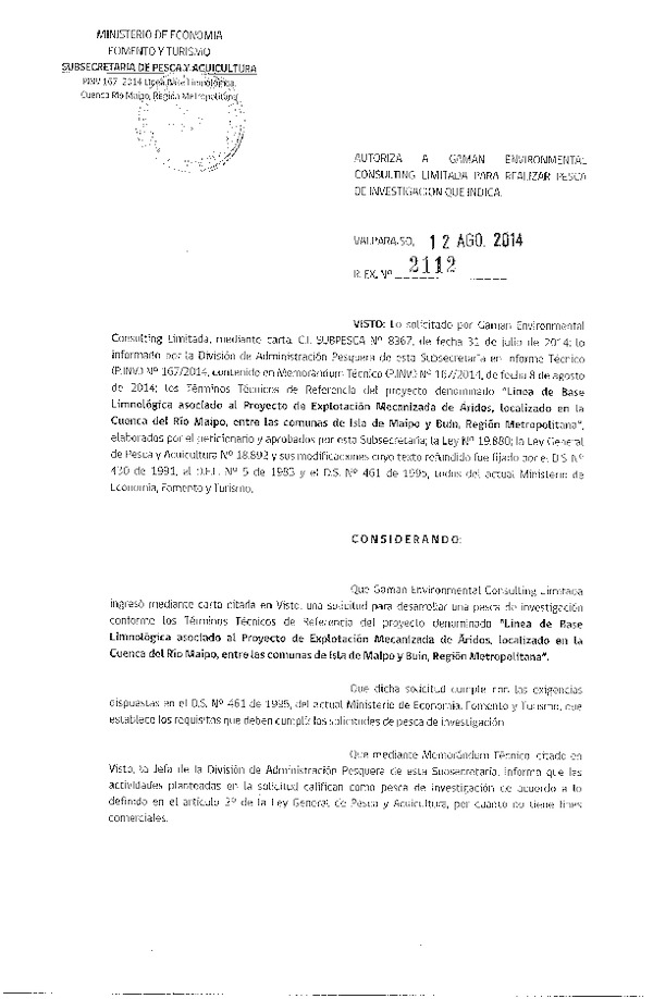 R EX N° 2112-2014 Línea de base Limnológica asociado al Proyecto de Explotación Mecanizada de Áridos en la cuenca del Río Maipo. Región Metropolitana.