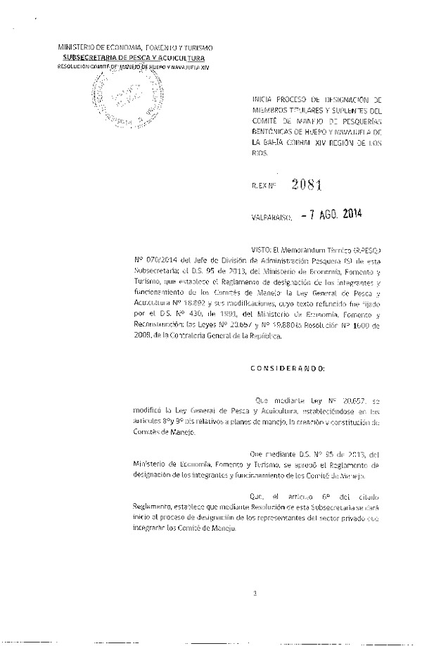 R EX N° 2081-2014 Inicia Proceso de Designación de Miembros Titulares y Suplentes del Comité de Manejo de Huepo y Navajuela XIV Región. (F.D.O. 13-08-2014)
