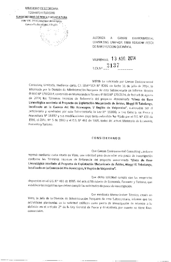 R EX N° 2137-2014 Línea de base limnológica asociado al proyecto Explotación Mecanizada de Áridos, Cuenca del Río Aconcagua, V Región.