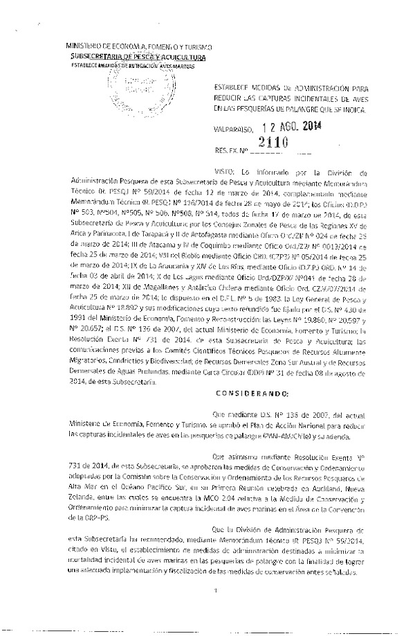 R EX N° 2110-2014 Establece Medidas de Administración para Reducir las Capturas Incidentales de Aves de las Pesuqerías de Palangre que se Indica. (Publicada en Pág. Web 13-08-2014)