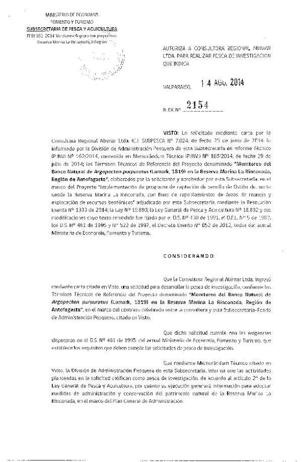 R EX N° 2154-2014 Monitoreo del Banco Natural de Argopecten purpuratus (Lamark, 1819) en la reserva marina La Rinconada, Región de Antofagasta.