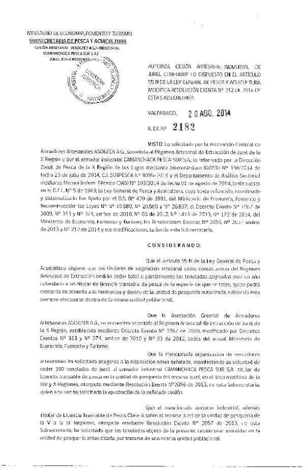 R EX N° 2182-2014 Autoriza Cesión Recurso jurel.