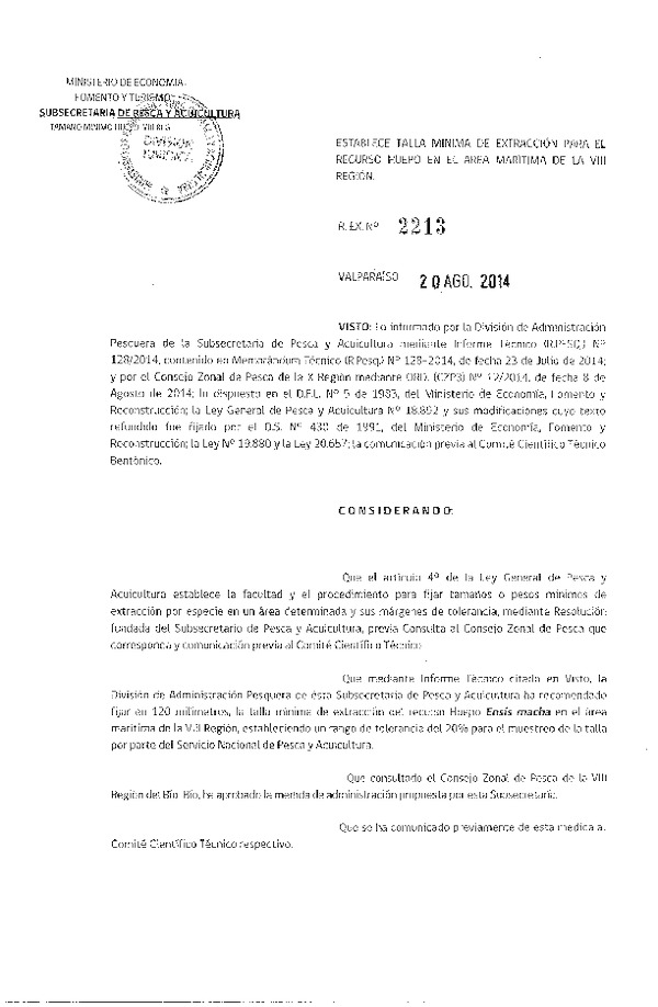 R EX N° 2213-2014 Establece Talla Mínima de Extracción para el recurso Huepo, VIII Región. (Publicada en Pág. Web. 22-08-2014)