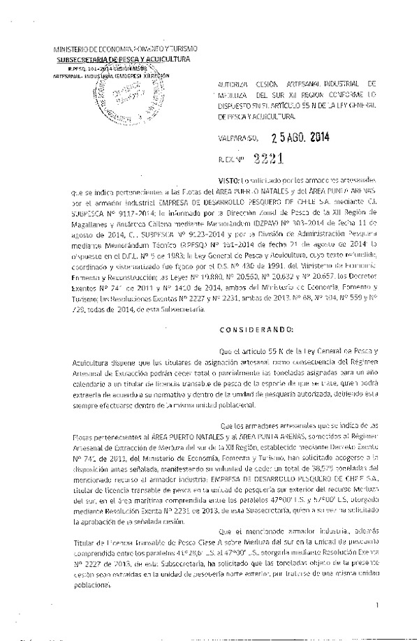 R EX N° 2221-2014 Autoriza Cesión Merluza del sur XII REgión.