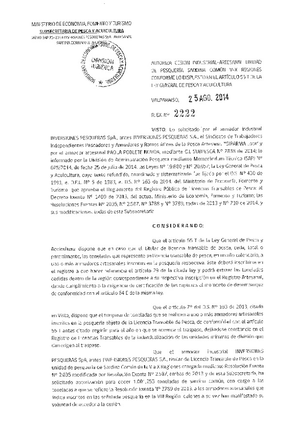 R EX N° 2222-2014 Autoriza Cesión Sardina común, V-X Región.