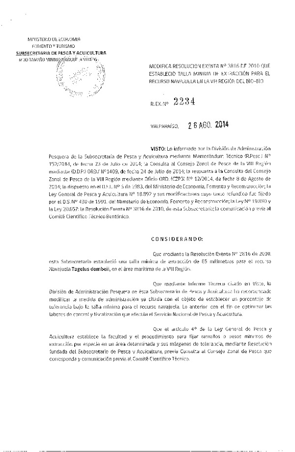 R EX N° 2234-2014 Modifica R EX N° 3816-2010, Establece Tamaño Mínimo de Extracción Navajuela VIII Región. (Publicada en Pág. Web 27-08-2014)