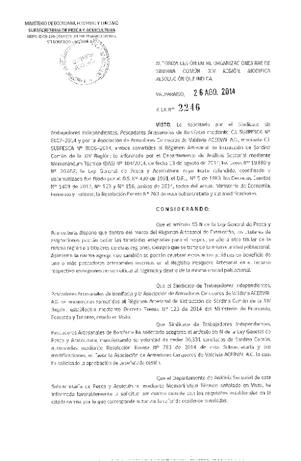 R EX N° 2246-2014 Autoriza Cesión Sardina común XIV Región.