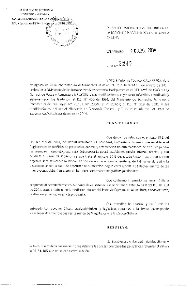 R EX N° 2247-2014 Establece Macro-Zonas que Indica en la Región de Magallanes y la Antartica Chilena.