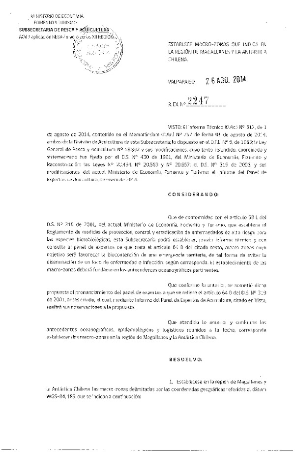 R EX N° 2247-2014 Establece Macro-Zonas que Indica en la Región de Magallanes y la Antartica Chilena.