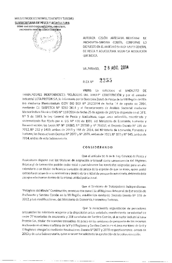 R EX N° 2255-2014 Autoriza Cesión Anchoveta-Sardina.