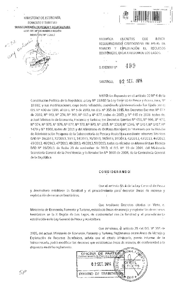 D EX N° 499-2014 Modifica Decretos N° 641-2002, N°234, N°361, N° 663 y N° 677, todos de 2003. Regularizando Cartografía en Áreas de Manejo, X Región. (Publicado en Diario Oficial 05-09-2014)