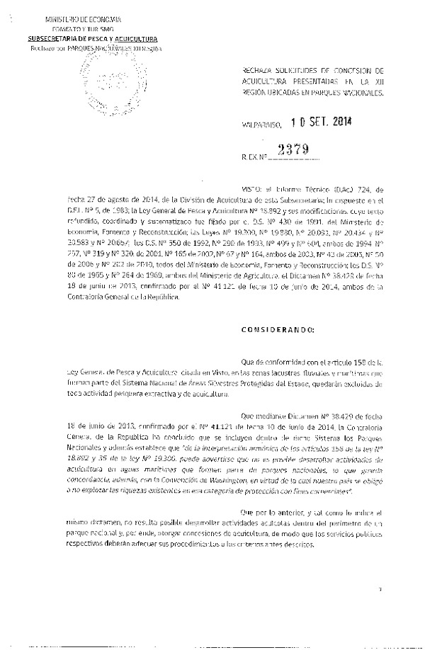 R EX N° 2379-2014 Rechaza Solicitudes de Concesión de Acuicultura Presentadas en al XII Región Ubicadas en Parques Nacionales. (Publicada en Pág. Web 10-09-2014)