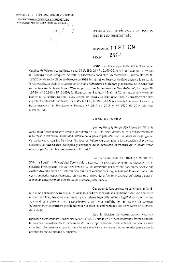 R EX N° 2384-2014 Modifica R EX N° 1519-2013 Monitoreo Biológico y pesquero Jaiba limón comuna San Antonio.