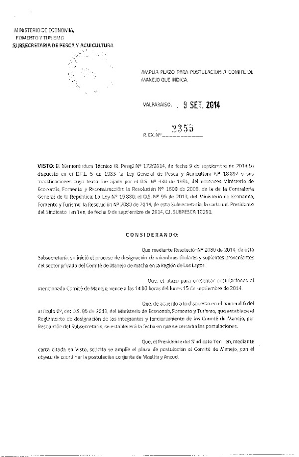 R EX N° 2355-2014 Amplía Plazo para Postulación a Comité de Manejo de Macha. (Publicada en Diario Oficial 13-09-2014)