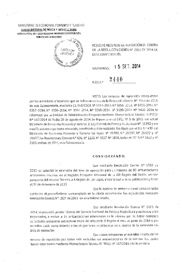 R EX N° 2440-2014 Resuelve recursos de Reposición en contra de la R EX N° 2163-2014 Reineta VIII-X Regiones.