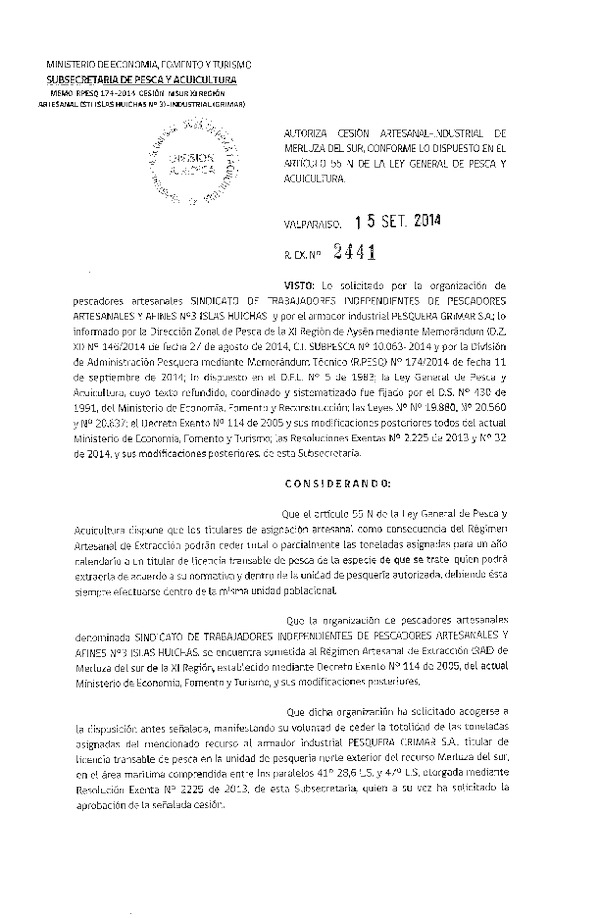 R EX N° 2441-2014 Autoriza Cesión Merluza del sur XI Región.