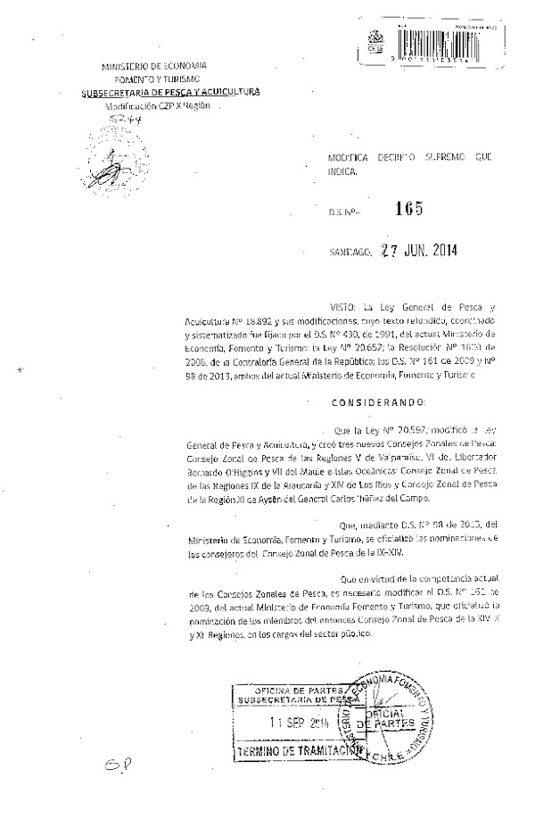 D.S. N° 165-2014 Modifica D.S. N° 161-2009, Consejo Zonal de Pesca de la X Región. (Publicado en Diario Oficial 17-09-2014)