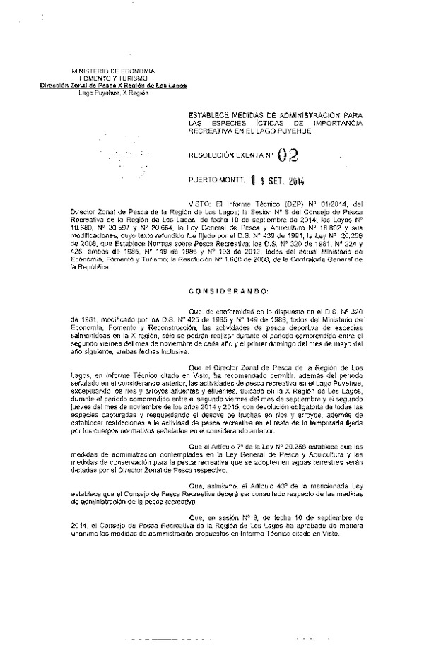 R EX Nº 2-2014 Establece Medidas de Administración para las especies ícticas de importacia recreativa en el lago PuyehueDZP X Región. (Publicada en Diario Oficial 17-09-2014)