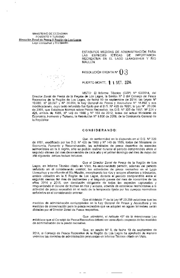 R EX Nº 3-2014 Establece Medidas de Administración para las especies ícticas de importacia recreativa en el lago llanquihue y Río Maullín DZP X Región. (Publicada en Diario Oficial 17-09-2014)